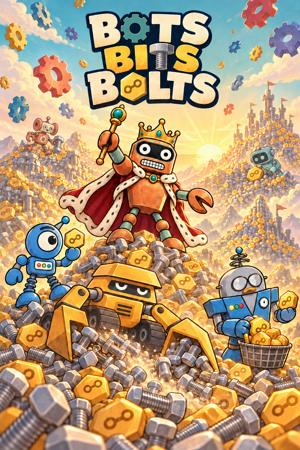 Bots Bits Bolts: the Copper King and his robot crew in a kingdom of gears, Bits and Bolts.