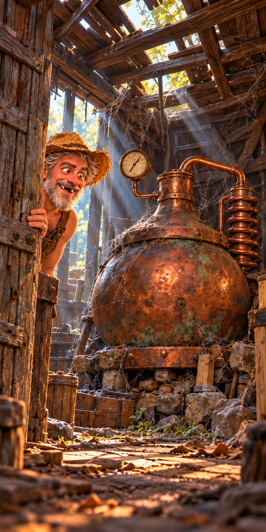 Jethro discovers a weathered copper still in a sunlit old barn.